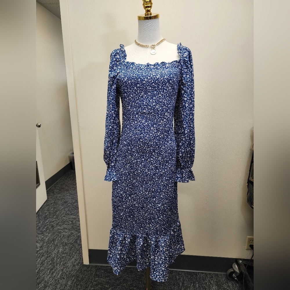 PrettyGarden Blue Floral Midi Dress Square Neck Long Sleeve Smocked XL NWT